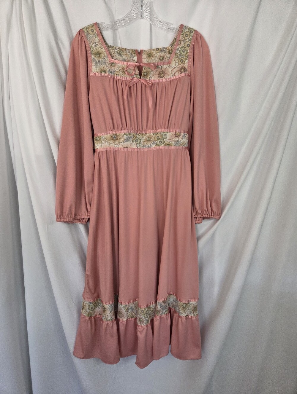Rags By Kressandra San Francisco VTG Pink Midi 1970s Dress Floral Trim Size 9